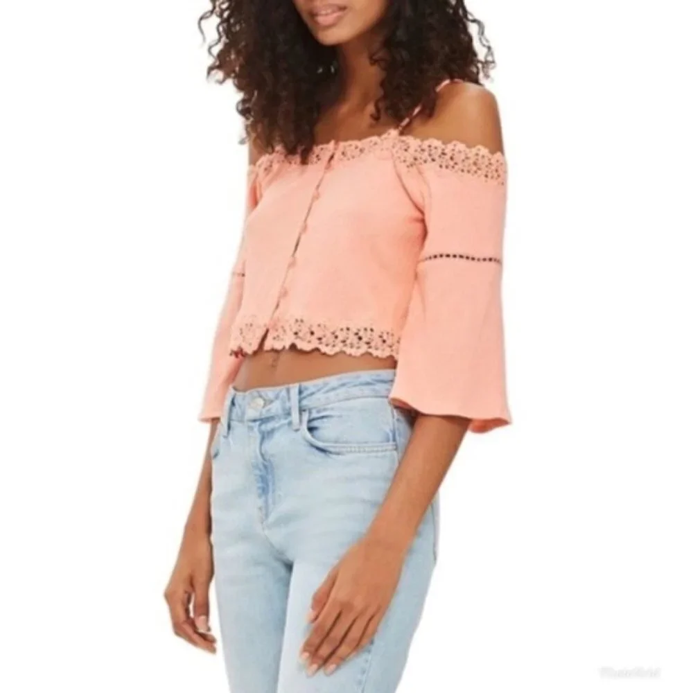 TopShop Womens Orange Cold Shoulder Elbow Sleeve Button Crop Tank Top Sz 10 New